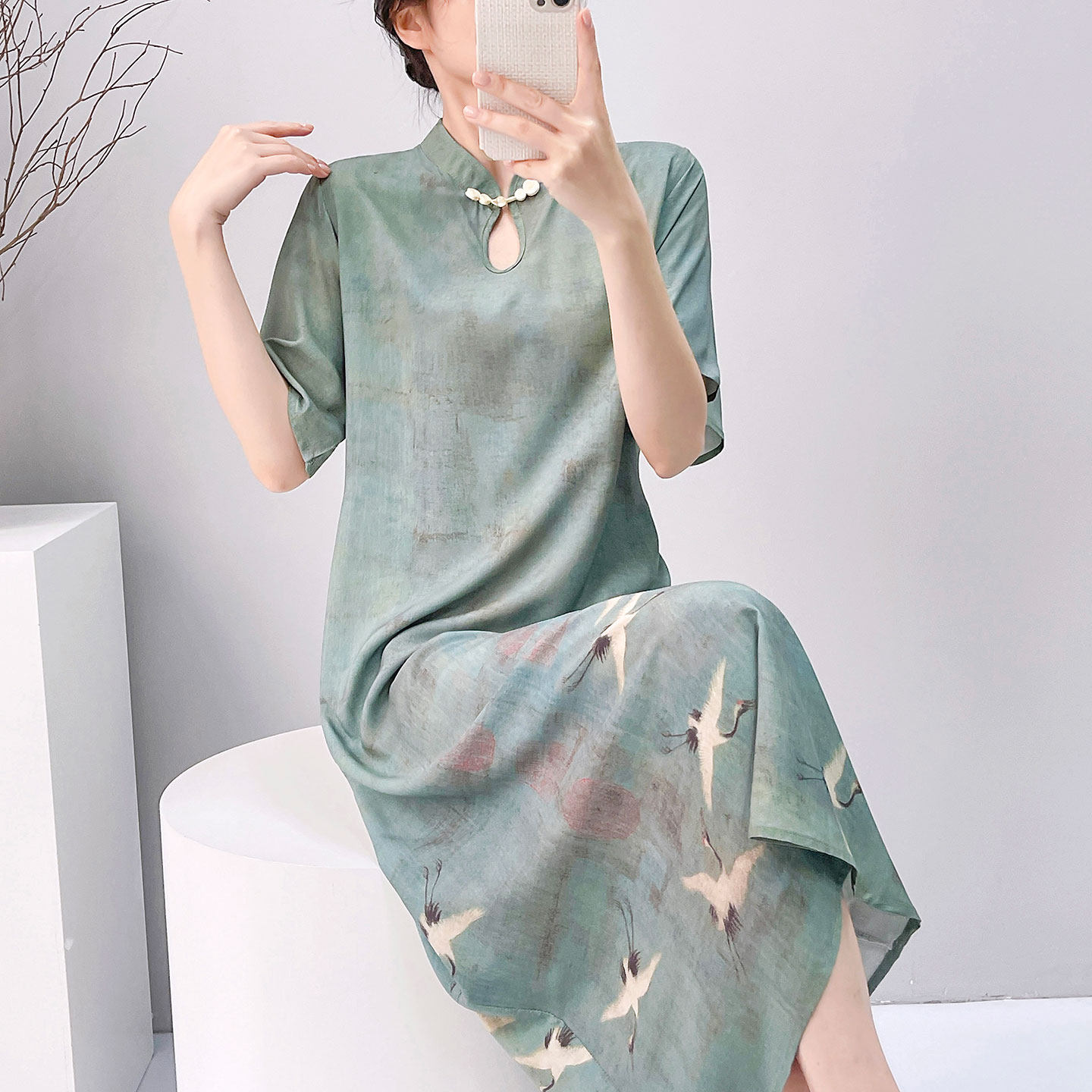 夏季睡衣女薄款棉绸旗袍加长睡袍外穿家居服人造睡裙夏天短袖旗袍