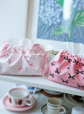 桌面收纳包粉色蝴蝶结ins风抽绳收纳袋多用途手提包纸巾袋系带
