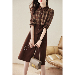 九月陌墨秋冬季新款时尚格子拼接气质收腰显瘦衬衫裙中长款连衣裙