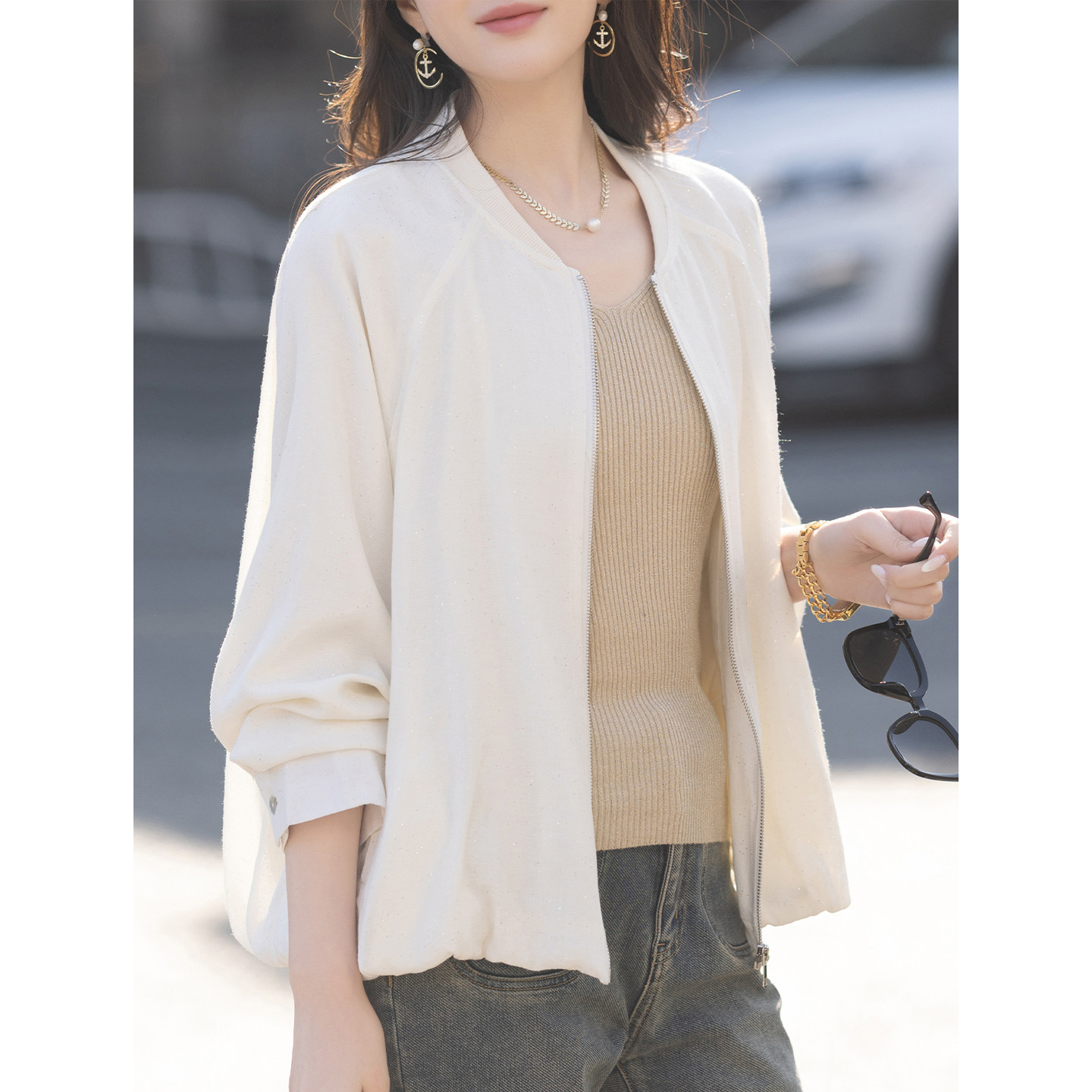 九月陌墨亮丝棒球领花苞摆宽松外套女春秋2026年新款气质大码上衣,女装/女士精品,短外套,淘宝优惠券,粉丝福利购,淘宝优惠卷