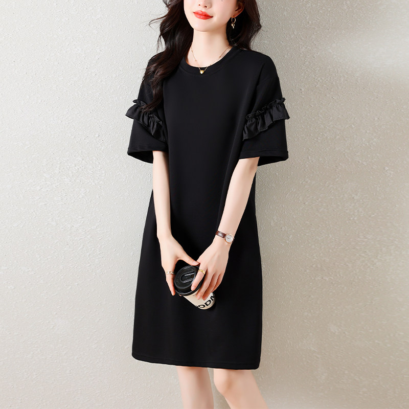 九月陌墨时尚拼接圆领连衣裙女新款气质裙2023欧洲站夏季休闲女装