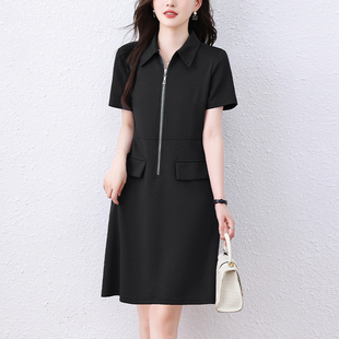 九月陌墨气质翻领黑色连衣裙2024夏季新款欧洲站大码女装中长裙子