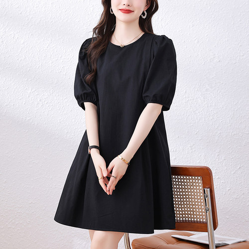 九月陌墨新款夏季宽松显瘦中长款连衣裙女圆领灯笼袖赫本风小黑裙