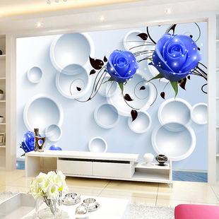8d客厅电视背景墙壁画蓝色玫瑰3D立体空间影视墙壁纸无缝墙纸墙布