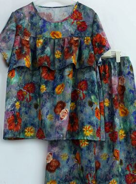 高端棉绸丝戴尔防凸点高端真丝绵绸圆领套装套头印花遮胸家居服夏