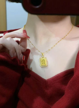 香港金店同款发财牌暴富项链女招财纳福金色小方牌好寓意轻奢项链