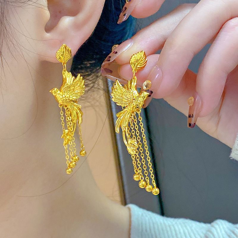 古法黄金色凤凰流苏耳环女款时尚轻奢高级感复古孔雀结婚婚庆耳饰