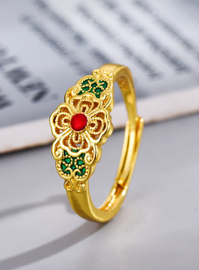 新款四方如意精工滴胶珐琅戒指女士开口花丝新中式高颜值时尚潮流