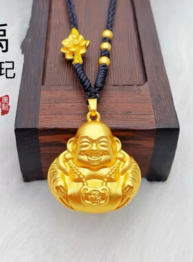 香港金店同款高保色古法沙金镂空福字弥勒佛吊坠女项链配莲花黑绳