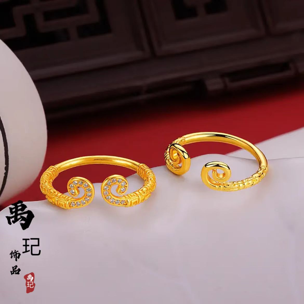 金店同款古法沙金镶钻如意金箍棒开口手镯戒指女 金箍棒手镯