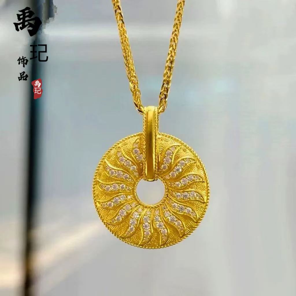 金店同款古法沙金镶钻太阳轮铜镀金吊坠高保色时来运转太阳花
