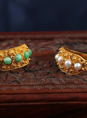 网红直播花丝镶嵌复古宫廷阳绿蛋面点缀戒指女开口可调节简约创意