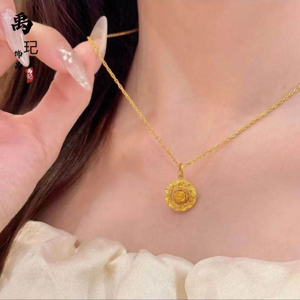 金店同款沙金diy配件织梦网玫瑰花吊坠金色花朵铜镀金锁骨链