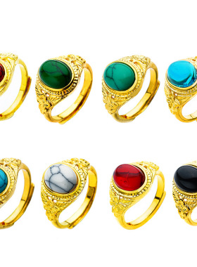 复古开口女士沙金绿松石戒指 铜镀金女戒 镶鹅蛋大宝石红戒指 女