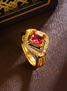 越南古法沙金戒指宫廷风镶嵌粉锆镂空菱形指环女轻奢高级感手饰品