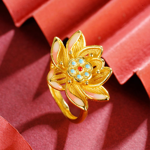 越南沙金新品莲蓬滴油彩绘戒指活口调节女款复古莲藕饰品