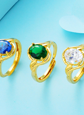 越南沙金锆石戒指 镀24k金镶宝石可调节开口指环女