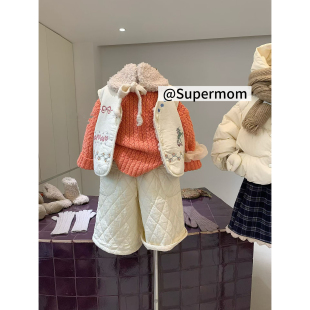 女童26冬季新款韩版卡通刺绣夹棉马甲外套粗毛线套头毛衣简约套装