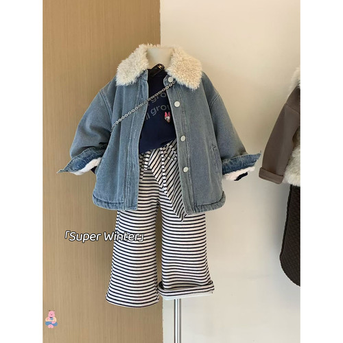 女童冬季韩版毛毛翻领牛仔外套