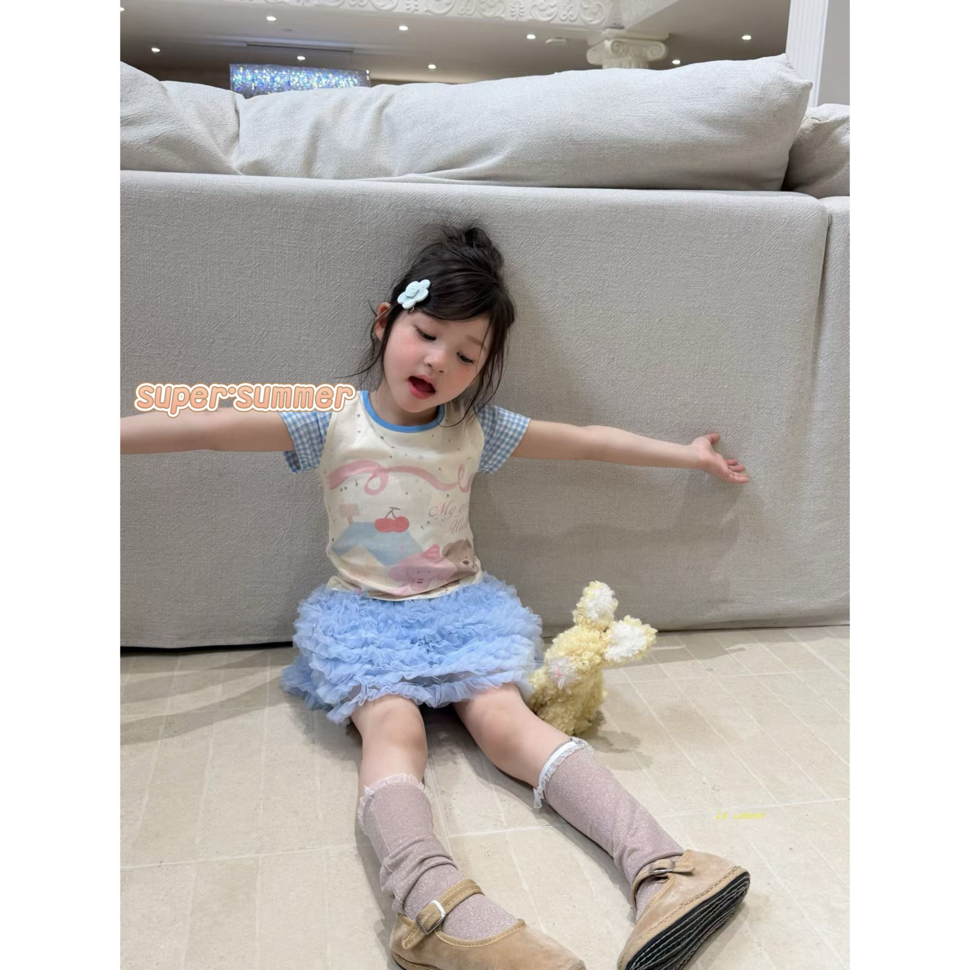 女童26夏季新款韩版卡通小熊短袖上衣格子拼接袖套头衫网纱裙套装