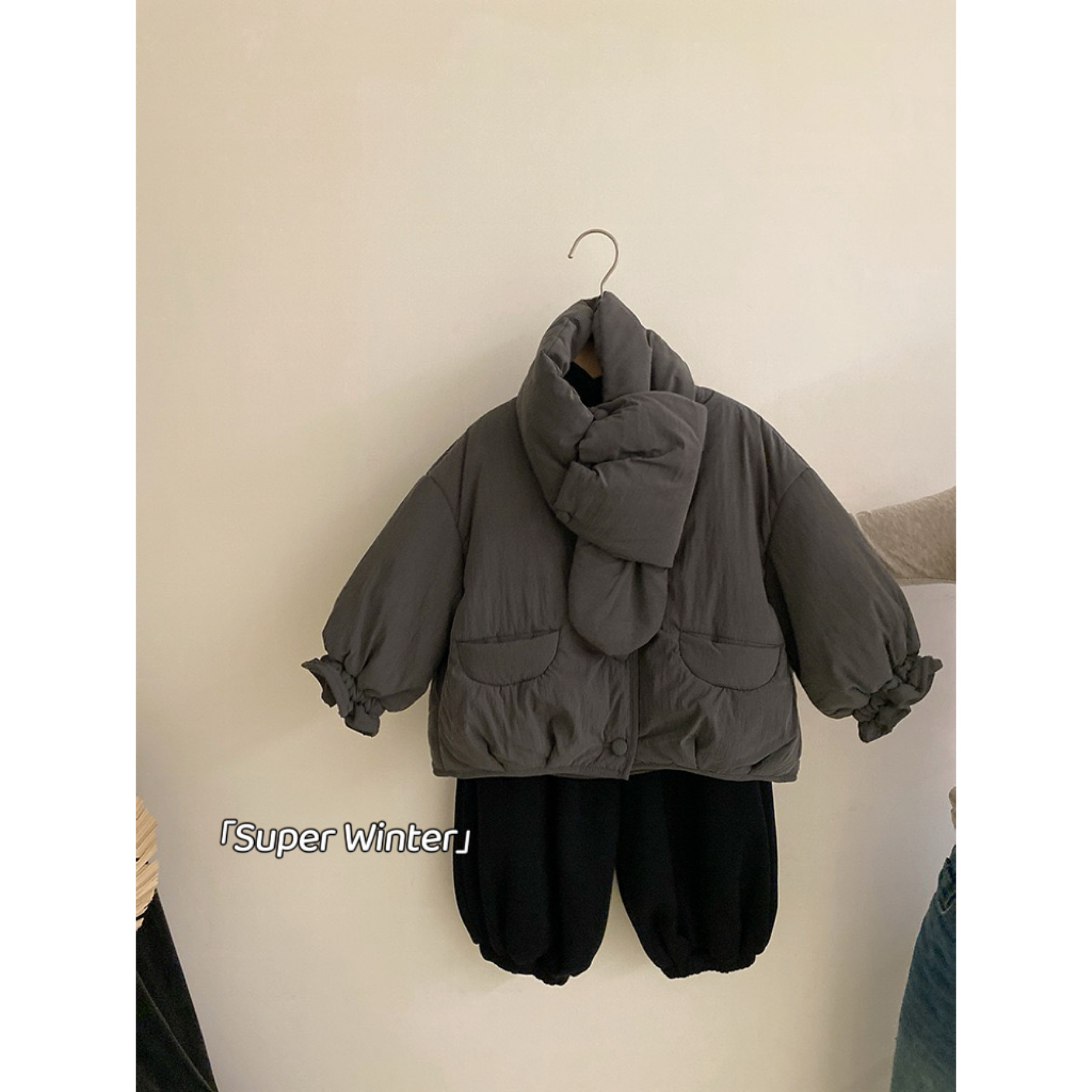 女童冬季新款韩版气质花边袖夹棉棉服上衣带围巾百搭休闲外套保暖