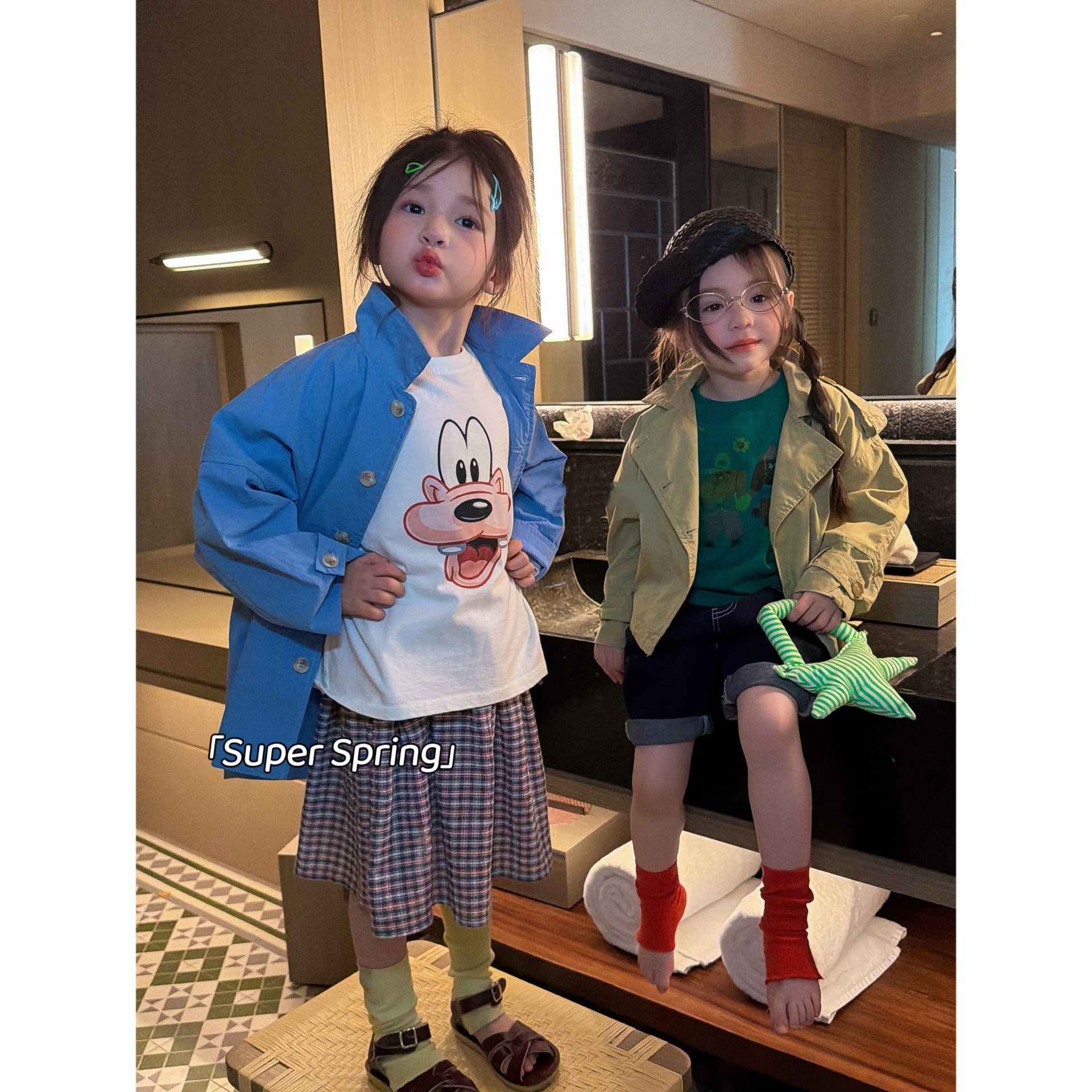 女童26春季新款韩版卡通小熊印花风衣外套字母刺绣大衣时尚姐妹装