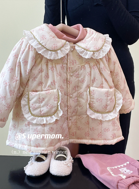 S uper家2023冬季新款韩版甜美复古碎花蕾丝翻领娃娃棉服外套上衣