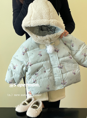 S uper家2023冬季新款儿童韩版卡通兔子加棉外套连帽加厚棉服上衣