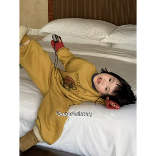 女童冬季新款韩版hy可爱卡通套头卫衣加绒套装宽松休闲两件套纯棉