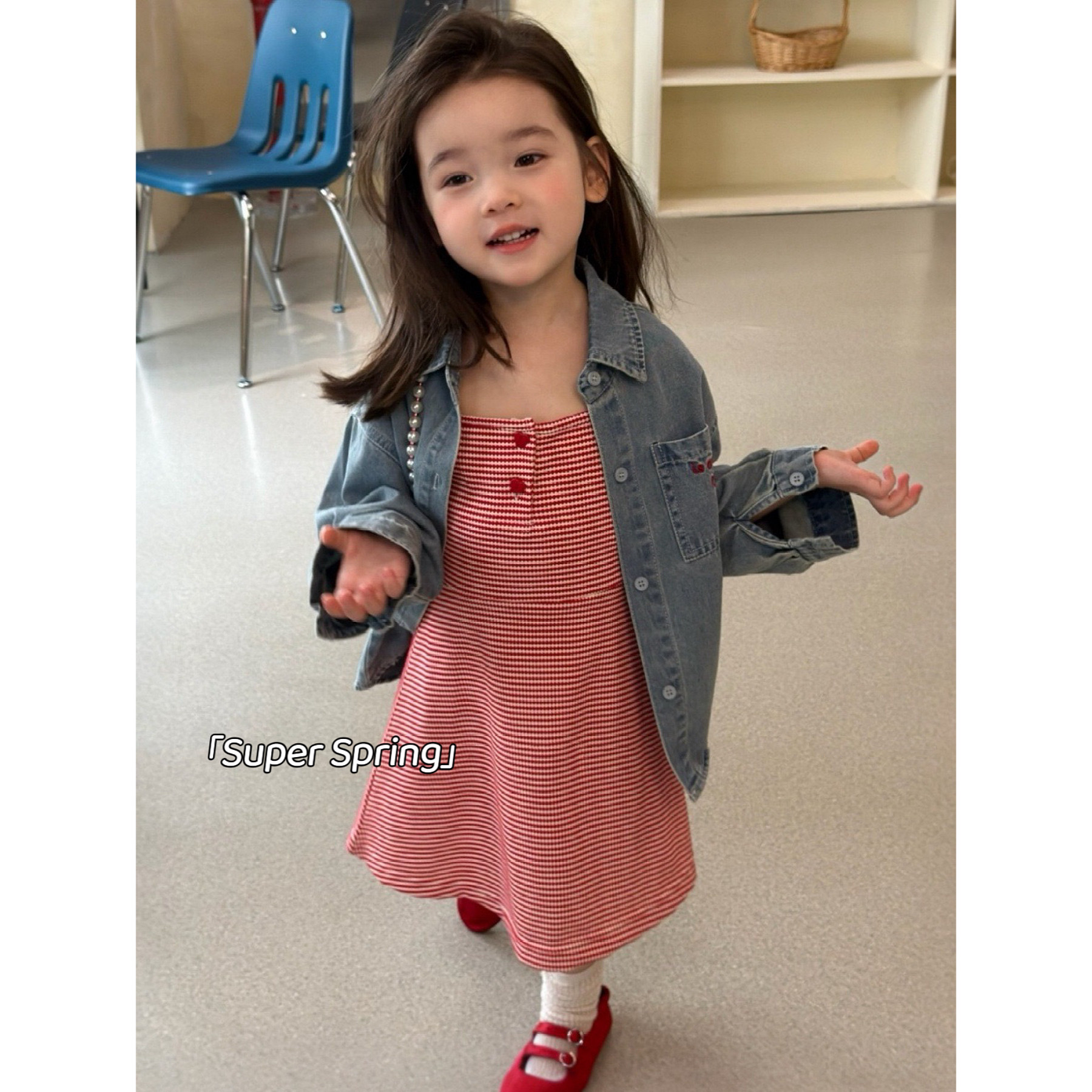 女童26春季新款韩版休闲牛仔开衫外套条纹吊带连衣裙百搭两件套装