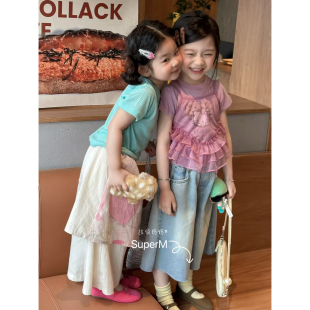 卡通短袖 韩版 上衣爱心长裤 两件套姐妹装 女童夏季 中小童网红款 新款