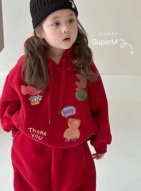 S uper家2024冬季新款女童韩版洋气加绒卫衣套装卡通印花两件套潮