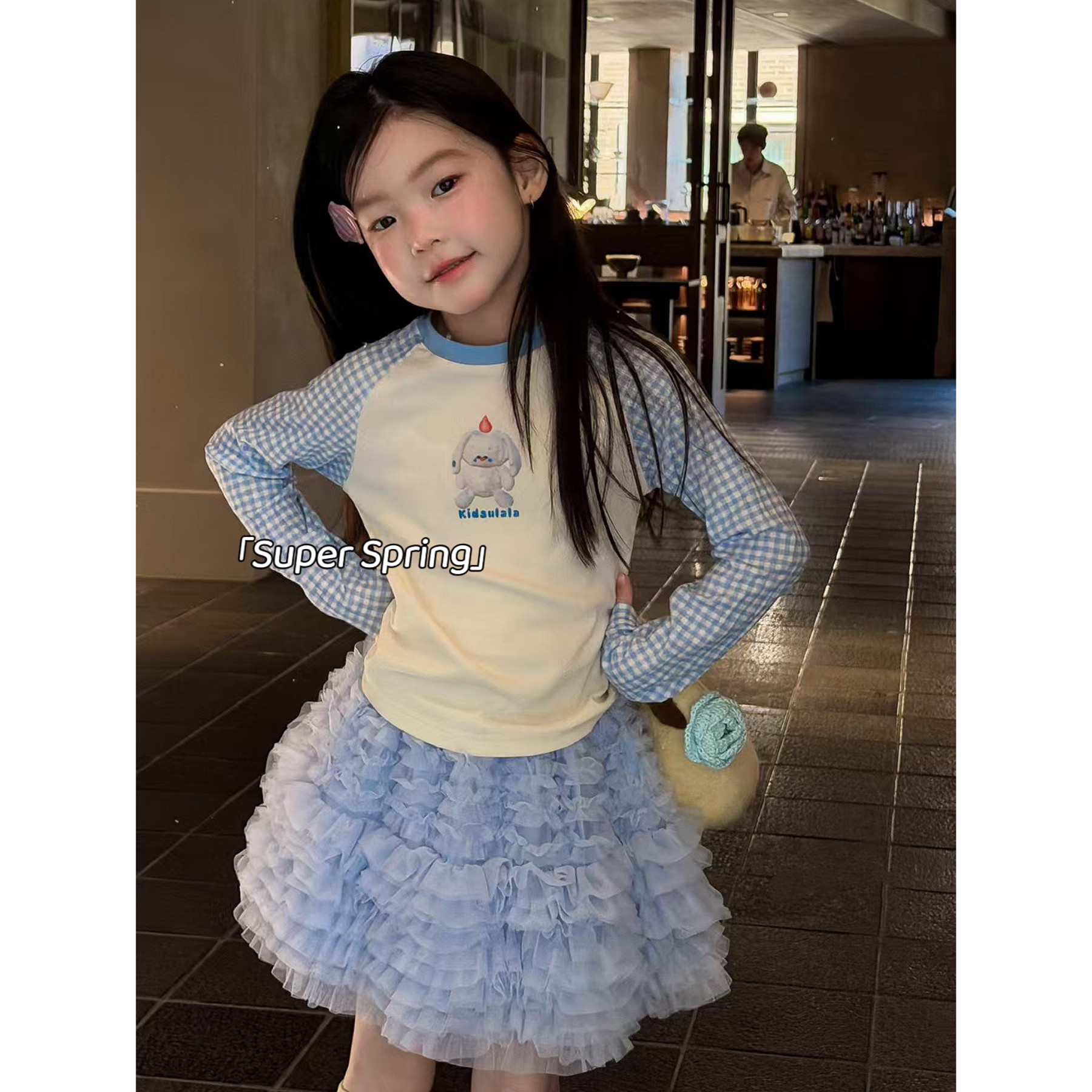 女童26春季新款韩版简约卡通印花格子拼接长袖上衣网纱公主蛋糕裙,童装/婴儿装/亲子装,T恤,淘宝优惠券,粉丝福利购,淘宝优惠卷