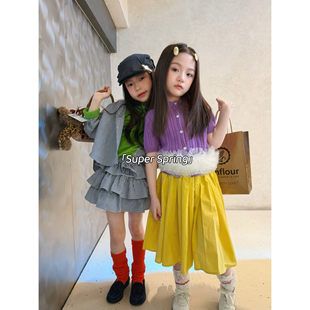 女童26春季新款韩版简约格子衬衫外套上衣荷叶半裙优雅两件套韩系