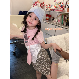 女童26夏季新款韩版甜美卡通KT猫短袖纯棉上衣辣妹豹纹短裙两件套