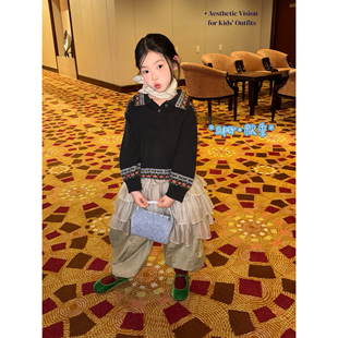 女童26秋季新款韩版纯棉线名族风polo领针织套头毛衣韩系简约穿搭