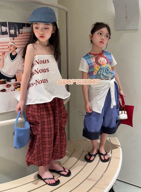 女童26夏季韩系清新字母吊带套装