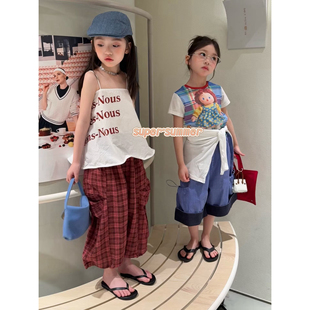 女童26夏季新款韩版时尚字母吊带上衣格子休闲裤套装姐妹网红爆款