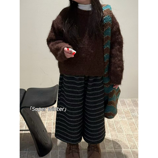 女童冬季新款韩版洋气马海毛加厚套头毛衣加绒条纹休闲裤套装时尚