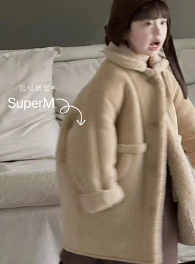 S uper家2024冬季新款女童韩版气质皮毛一体外套羊羔毛加厚大衣潮