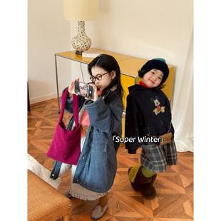 女童冬季新款韩版洋气加厚外套中长款羊羔绒牛仔大衣姐妹外出街拍