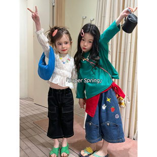 时尚 韩版 褶皱娃娃衫 踏春姐妹款 中小童网红 女童26春季 出街套装 新款