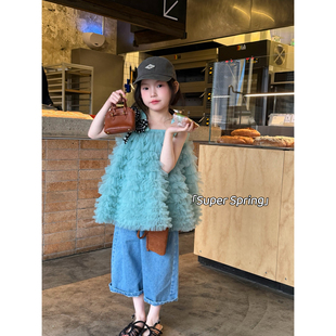 女童26春季新款韩版气质网纱蛋糕裙吊带上衣简约休闲搭配牛仔裤子