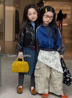 女童秋季褶皱皮衣外套姐妹装