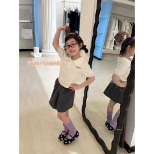 上衣T恤韩系polo领简约t网红款 女童26夏季 透气竹节棉短袖 韩版 新款