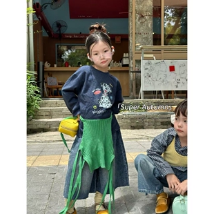 女童秋季新款韩版hy卡通t斑点小狗印花T恤上衣休闲毛边牛仔裤套装