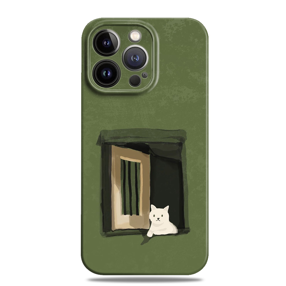 原创治愈绿色猫咪插画手机壳全包