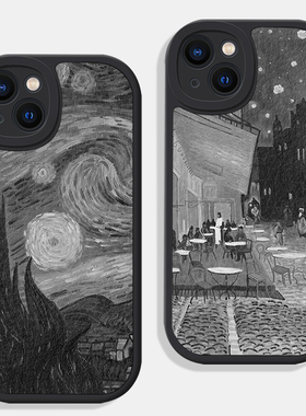小众艺术黑色梵高星空适用苹果14promax手机壳13小米12华为mate50全包P40防摔nova7红米note12