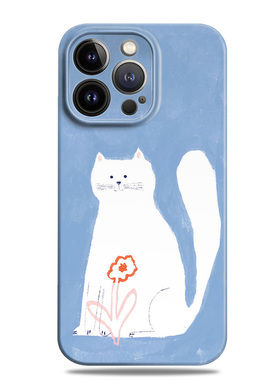 卡通可爱猫咪蓝色插画适用苹果15promax手机壳13小米14华为mate60菲林p70荣耀nova12一加oppo全包vivo三星S24