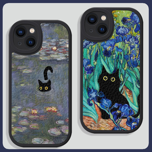 可爱小黑猫莫奈油画手机壳艺术
